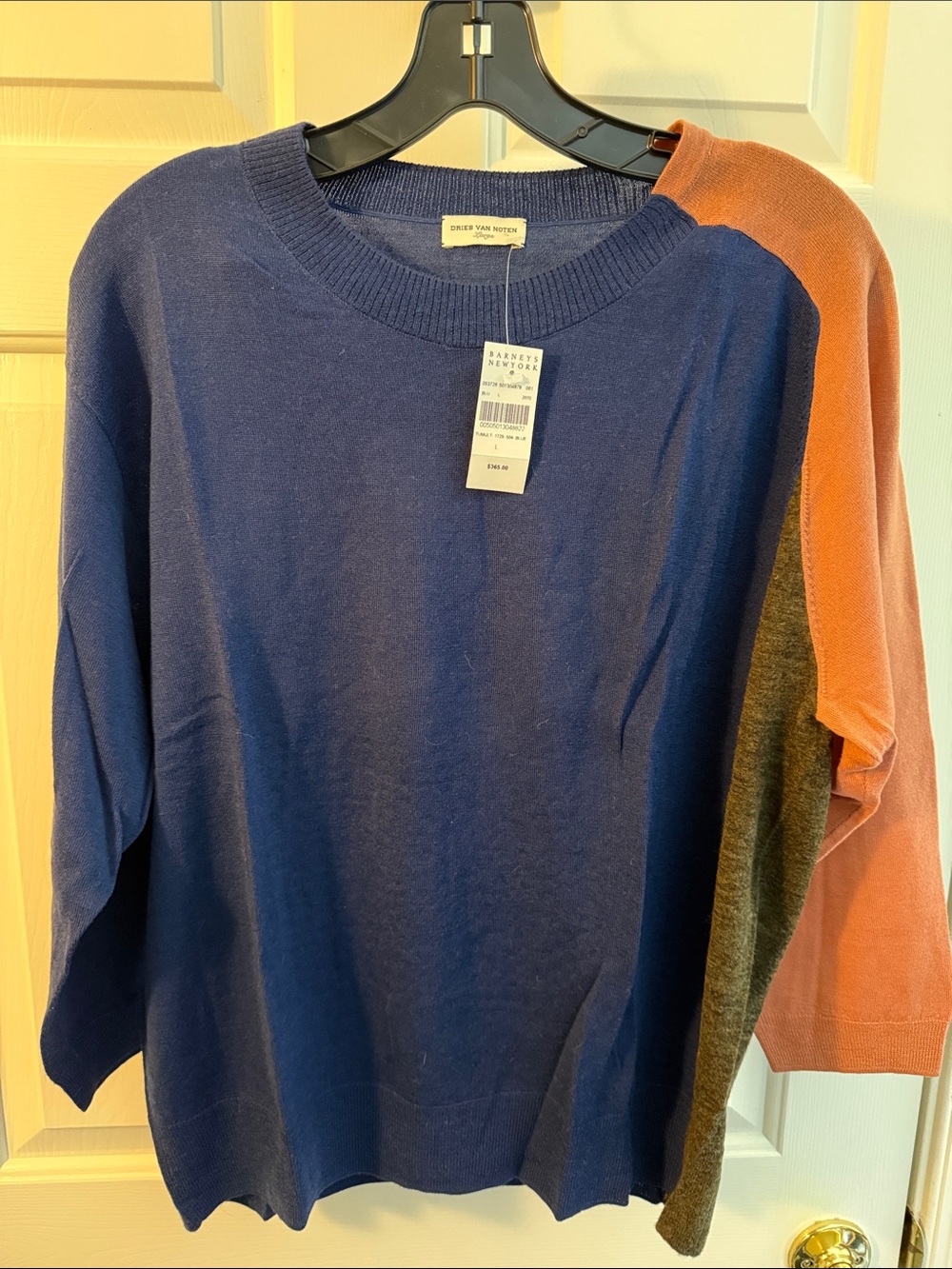 Dries Van Noten Colorblock Crewneck Sweater in Blue, Gray, & Coral